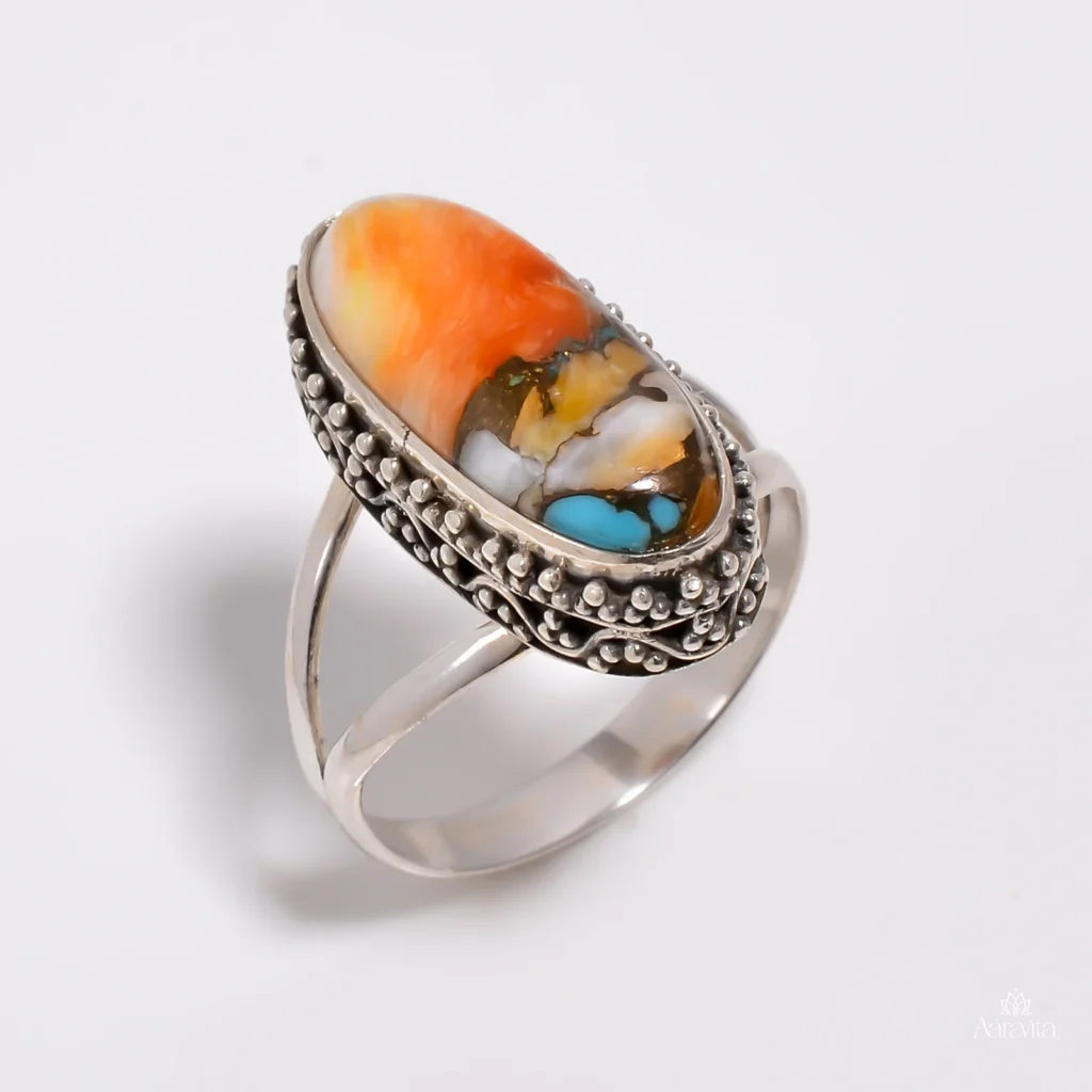 Boho Beaded Oval Spiny Oyster Turquoise Ring — front view