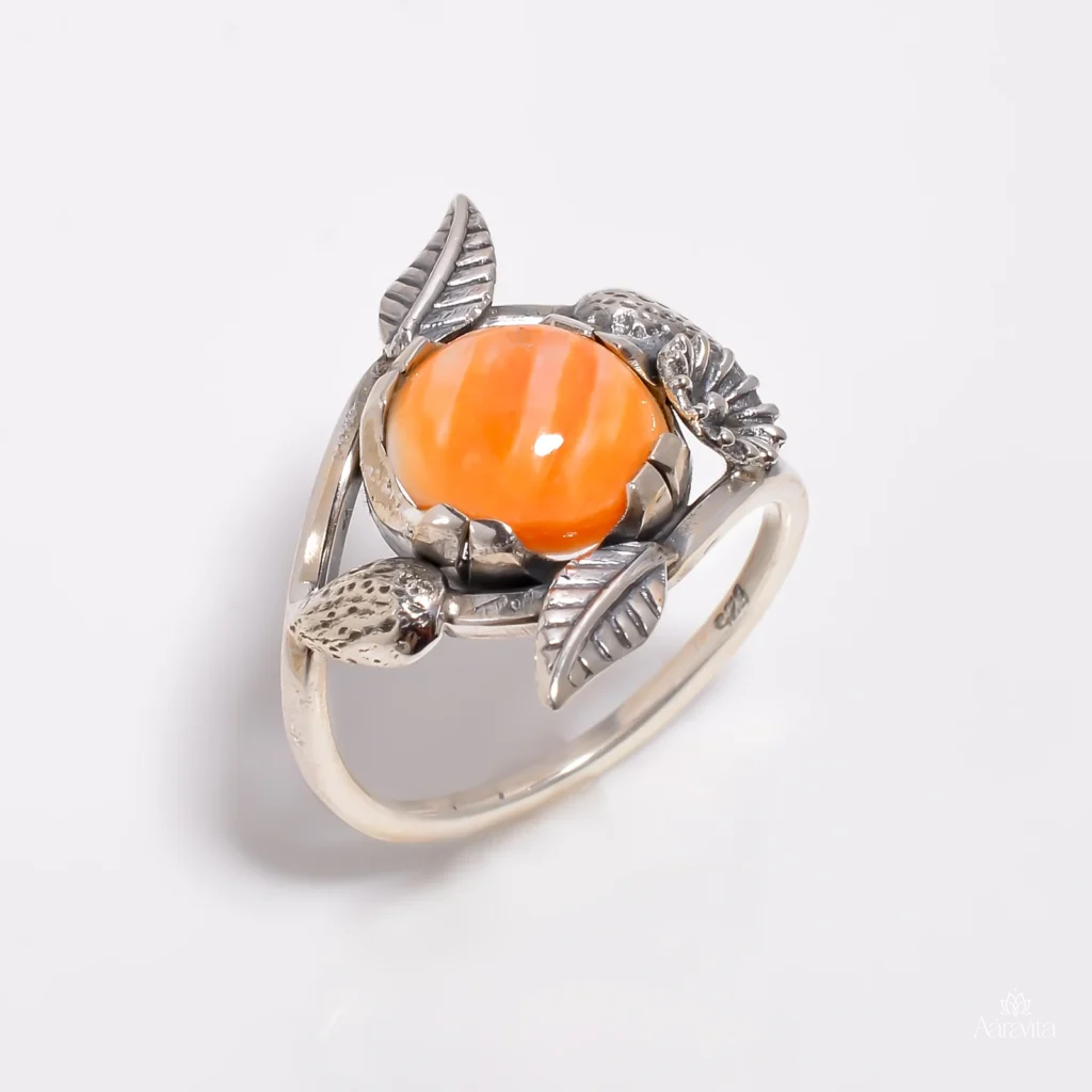 Art Nouveau-Inspired Floral Spiny Oyster Shell Ring — front view