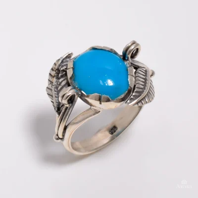 Art Nouveau-Inspired Leaf and Scroll Arizona Turquoise Ring — front view