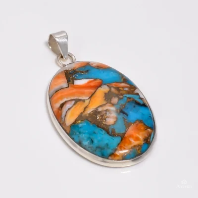 Boho Oval Spiny Oyster Turquoise Necklace — front detail view