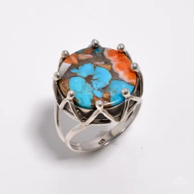 Boho Round Spiny Oyster Turquoise Statement Ring — front view