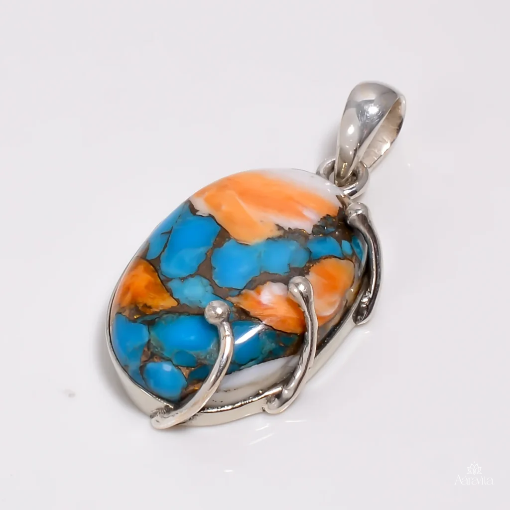 Boho Scroll Oval Spiny Oyster Turquoise Necklace — front view