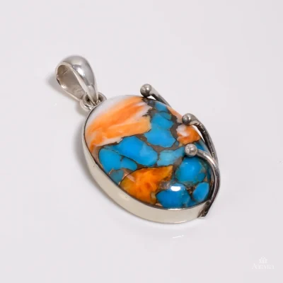 Boho Scroll Oval Spiny Oyster Turquoise Necklace — front detail view