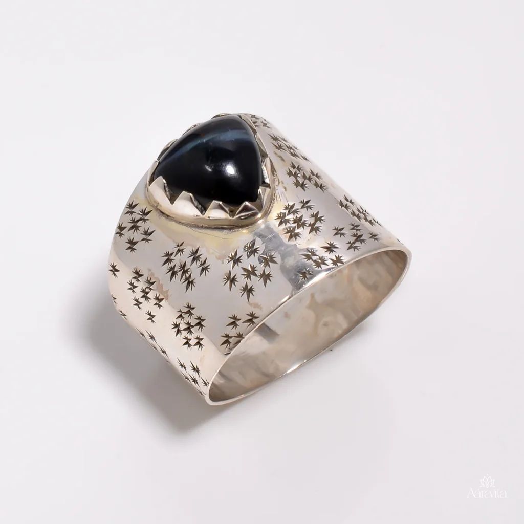 Mid-Century-Inspired Starburst Blue Tiger Eye Wide Band Ring — front view