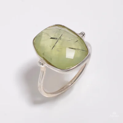 Minimalist Faceted Cushion Prehnite Ring — front view